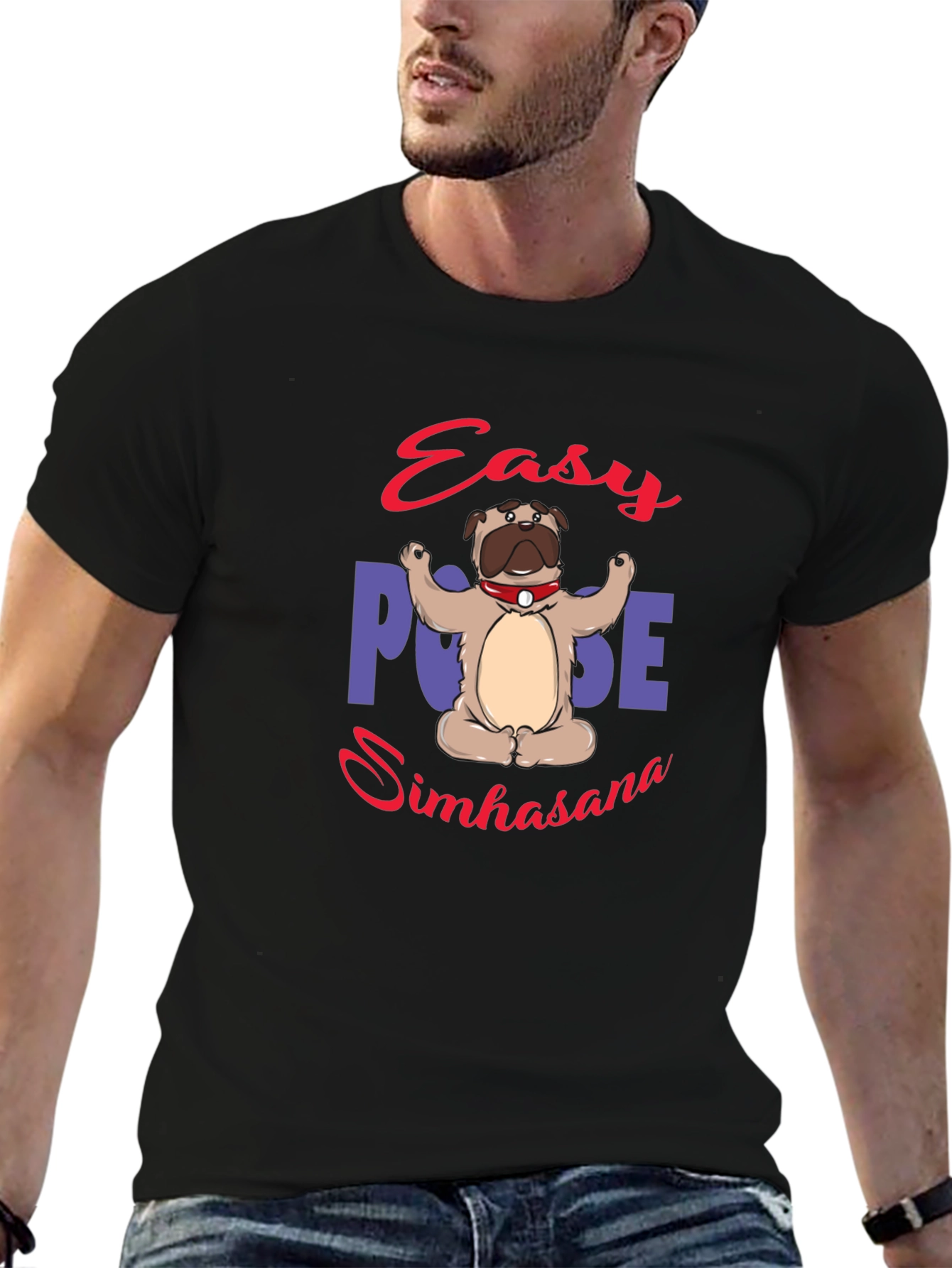 Yoga Pug Black T-Shirt - Easy Pose Simhasana
