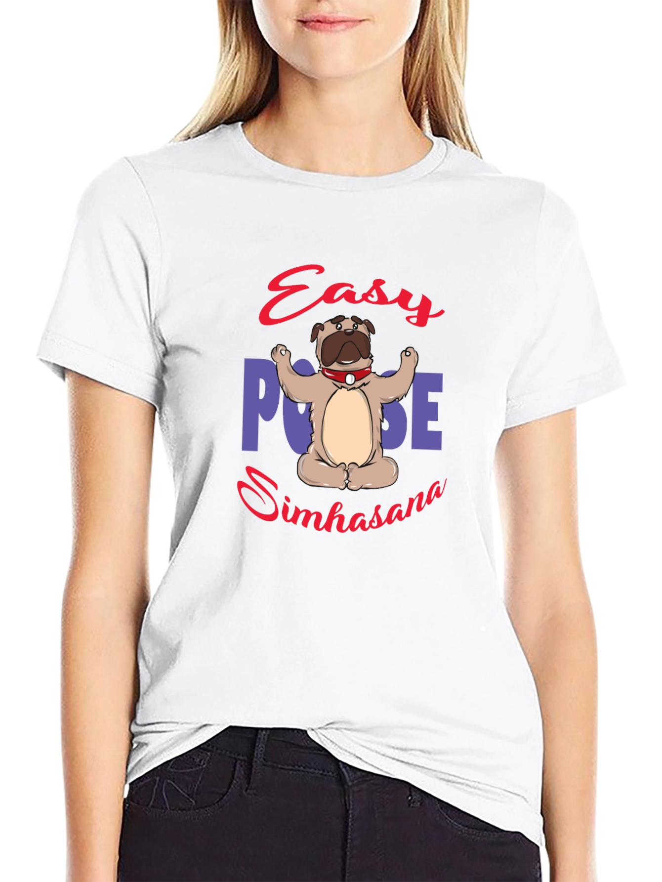 Yoga Pug Black T-Shirt - Easy Pose Simhasana