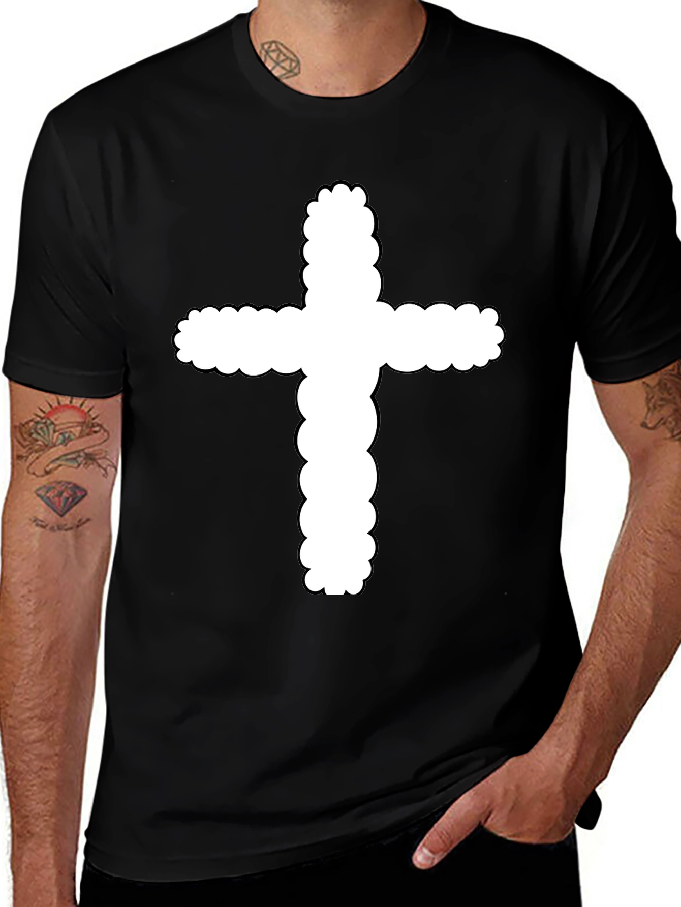 Mens Black T-Shirt with White Cross Design