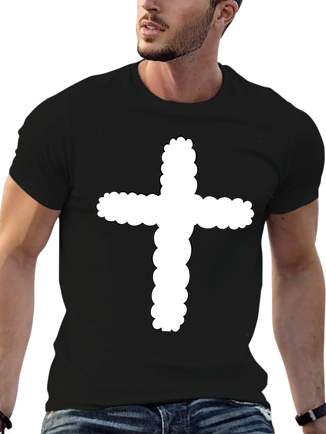 Mens Black T-Shirt with White Cross Design