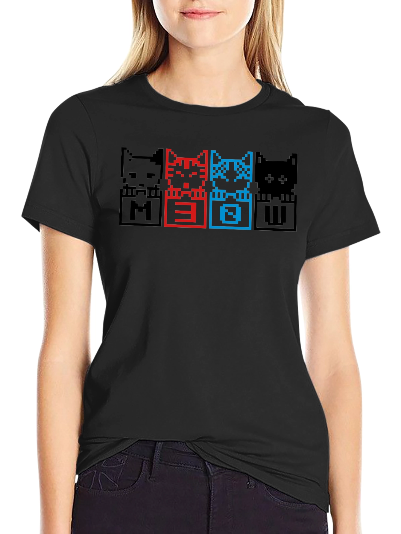 Pixel Cat Meow T-Shirt - Black