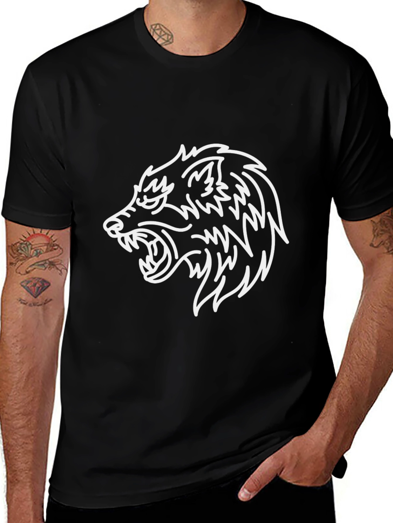 Black T-Shirt with Wolf Graphic
