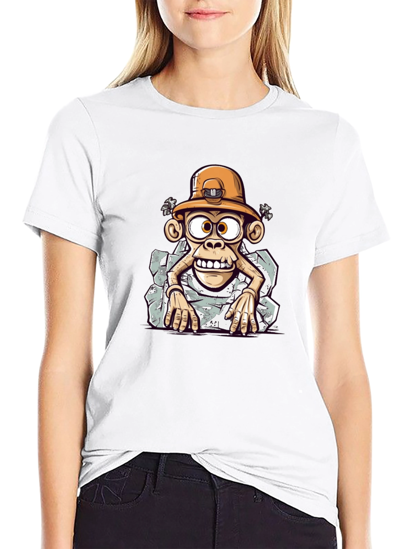 Cartoon Monkey Graphic Tee - Black Casual Shirt