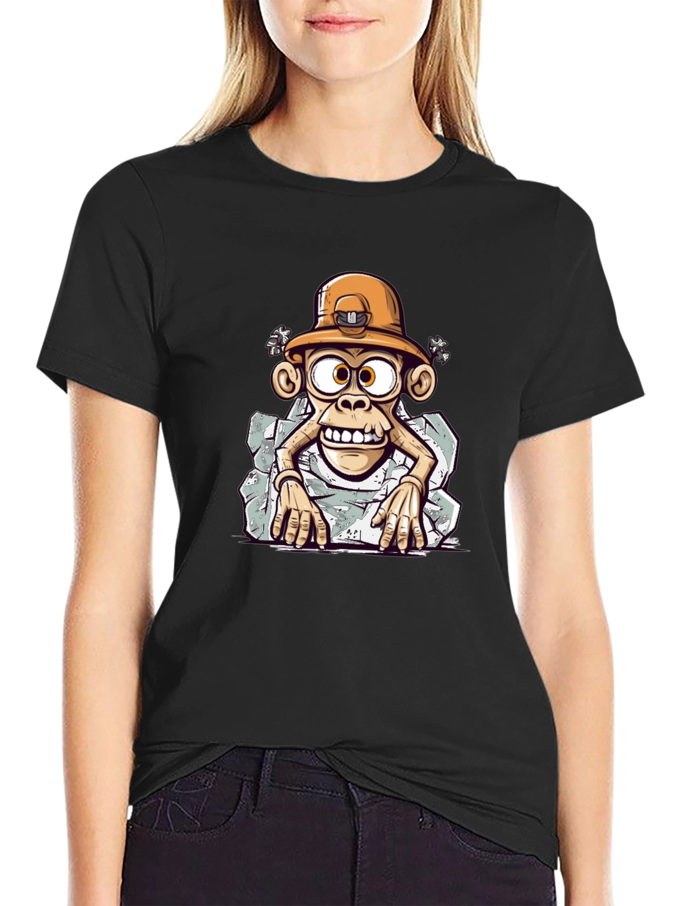Cartoon Monkey Graphic Tee - Black Casual Shirt
