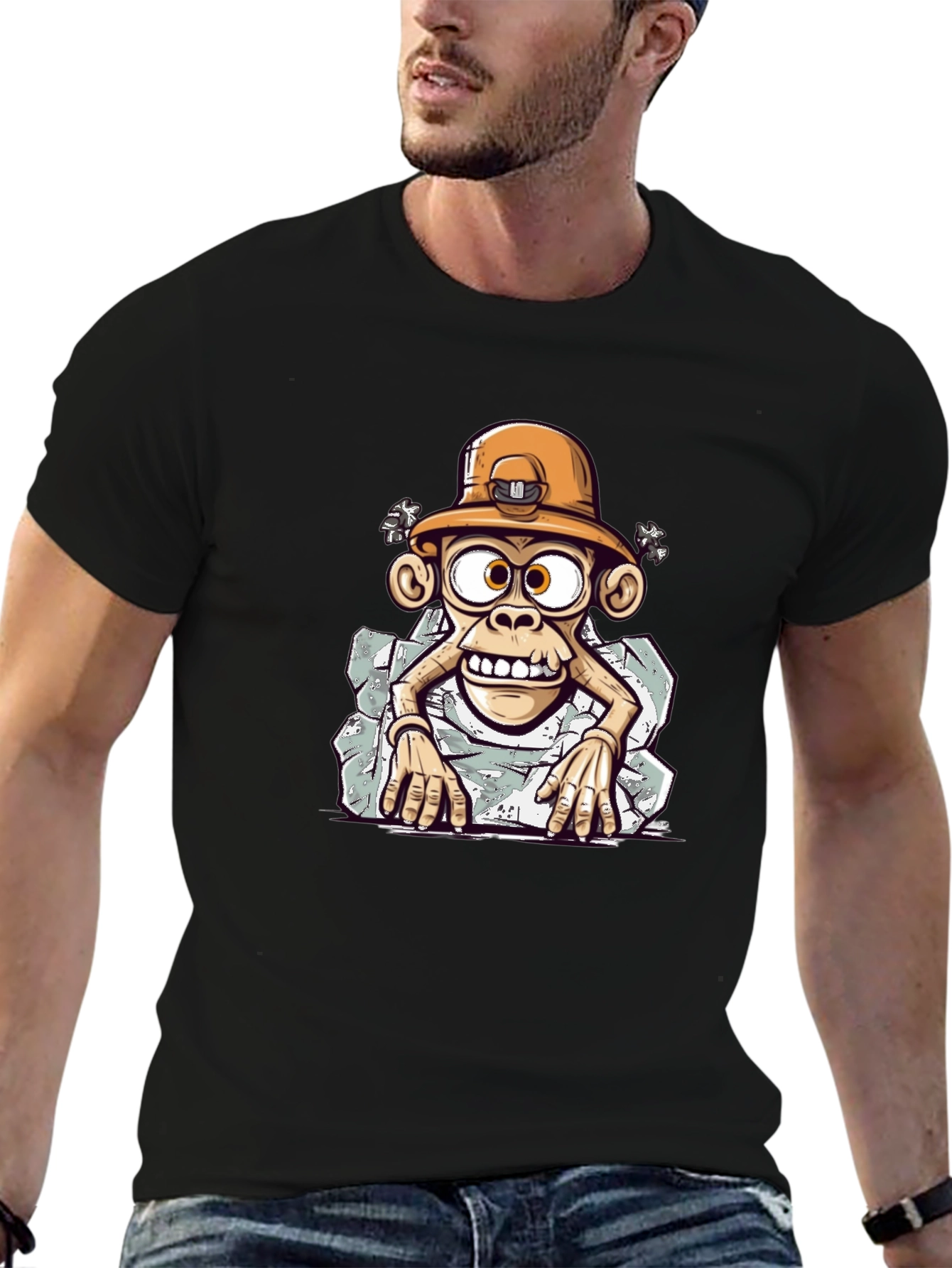 Cartoon Monkey Graphic Tee - Black Casual Shirt