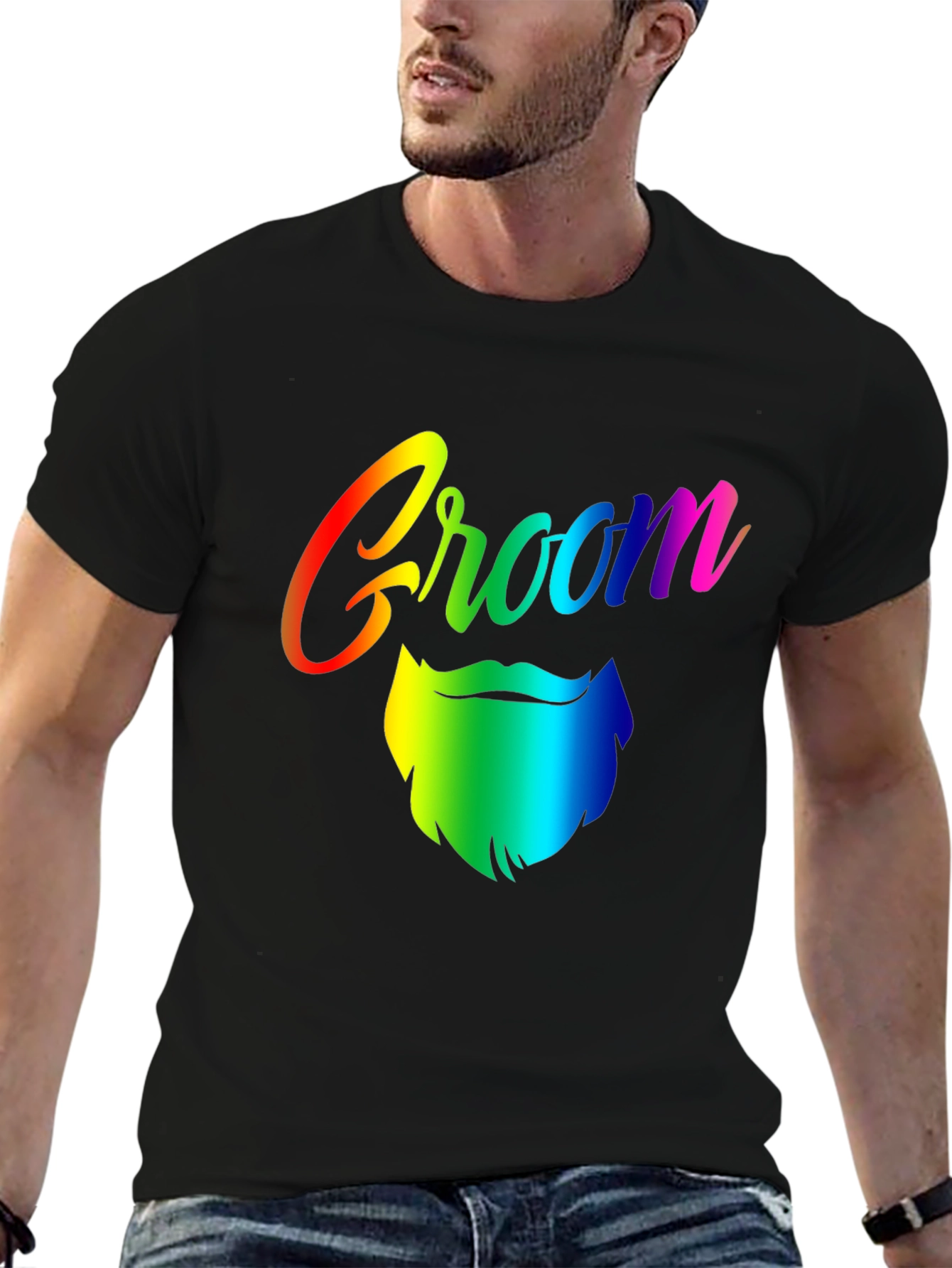 Groom Rainbow Beard Graphic Tee - Black Cotton T-Shirt