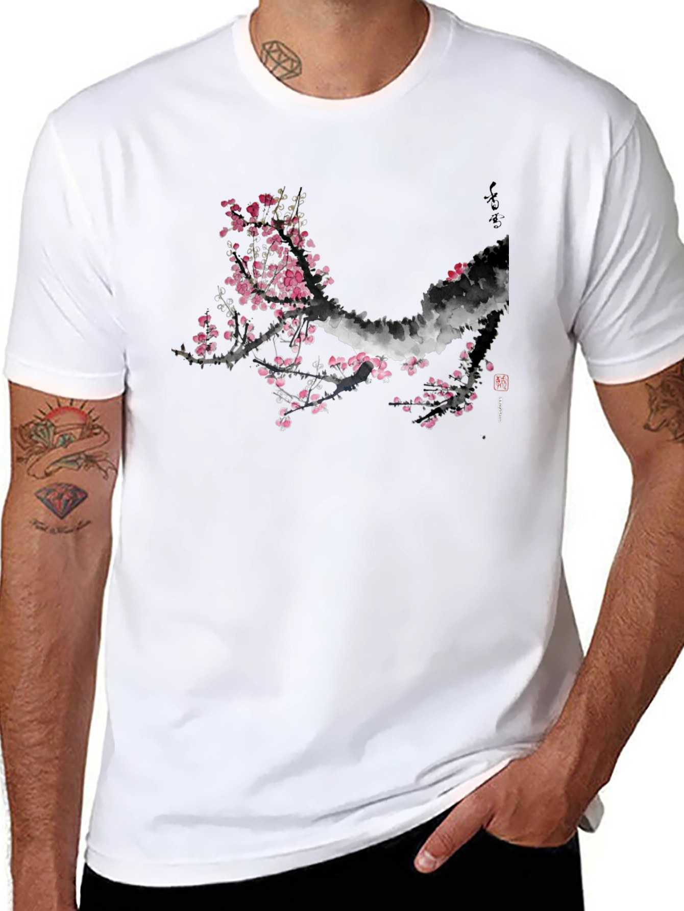 Black T-Shirt with Cherry Blossom Design