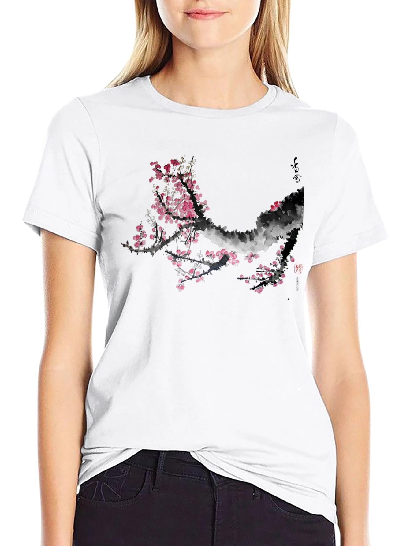 Black T-Shirt with Cherry Blossom Design