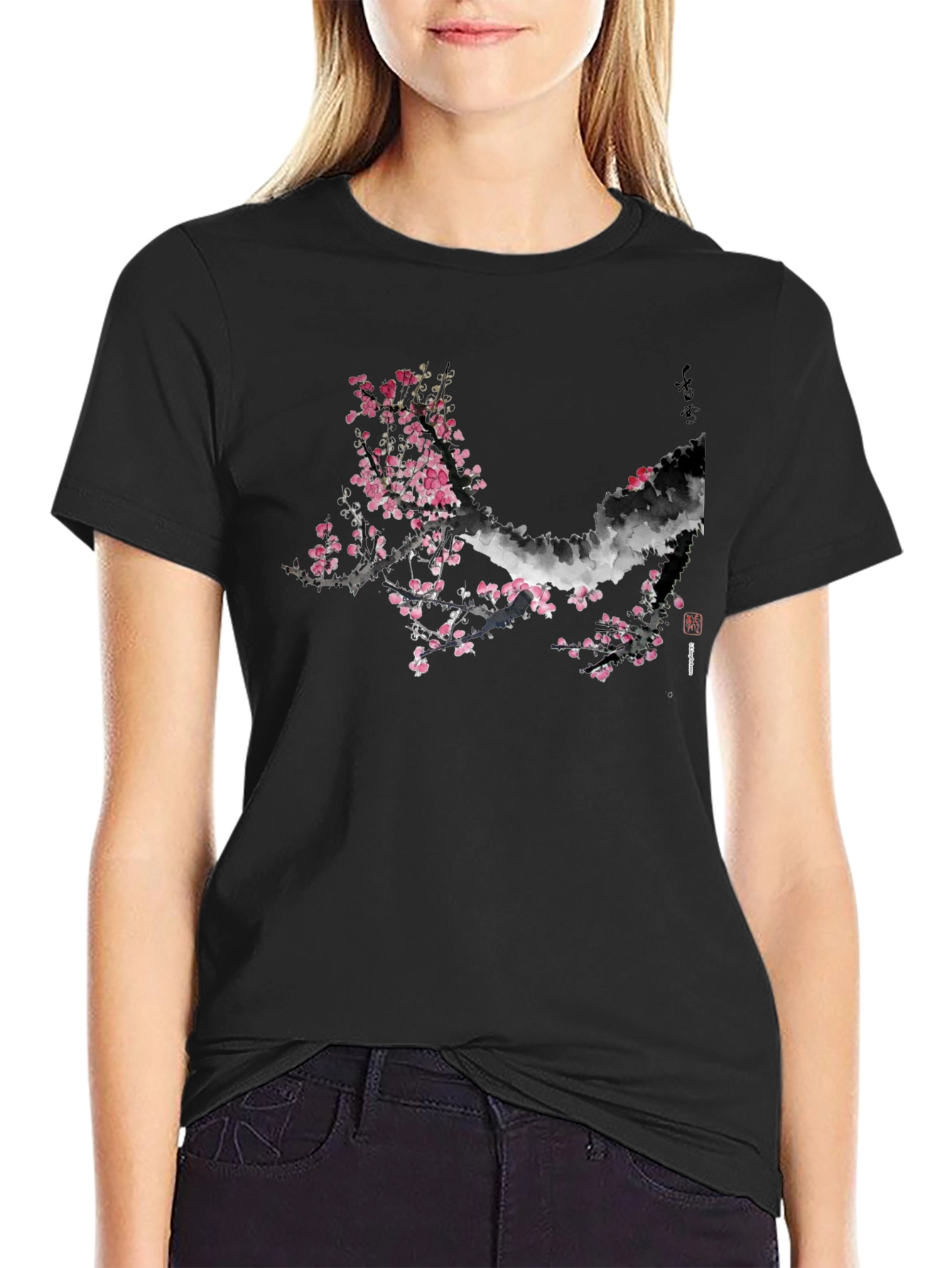Black T-Shirt with Cherry Blossom Design