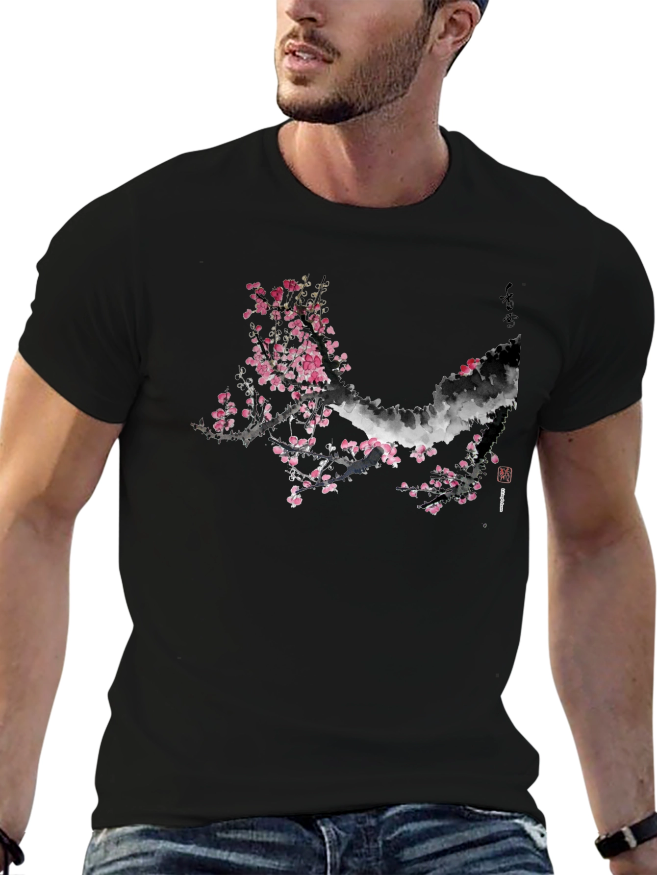 Black T-Shirt with Cherry Blossom Design