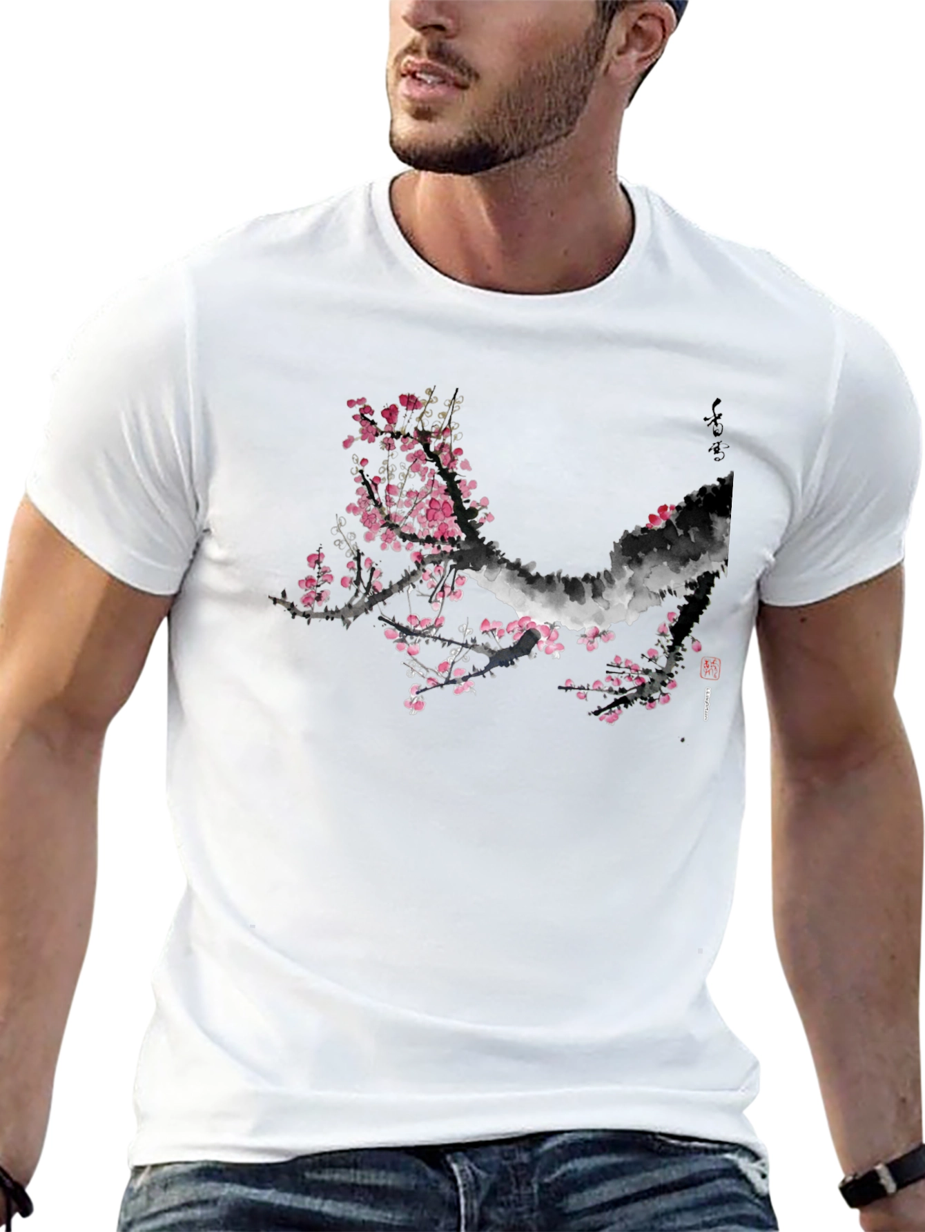 Black T-Shirt with Cherry Blossom Design