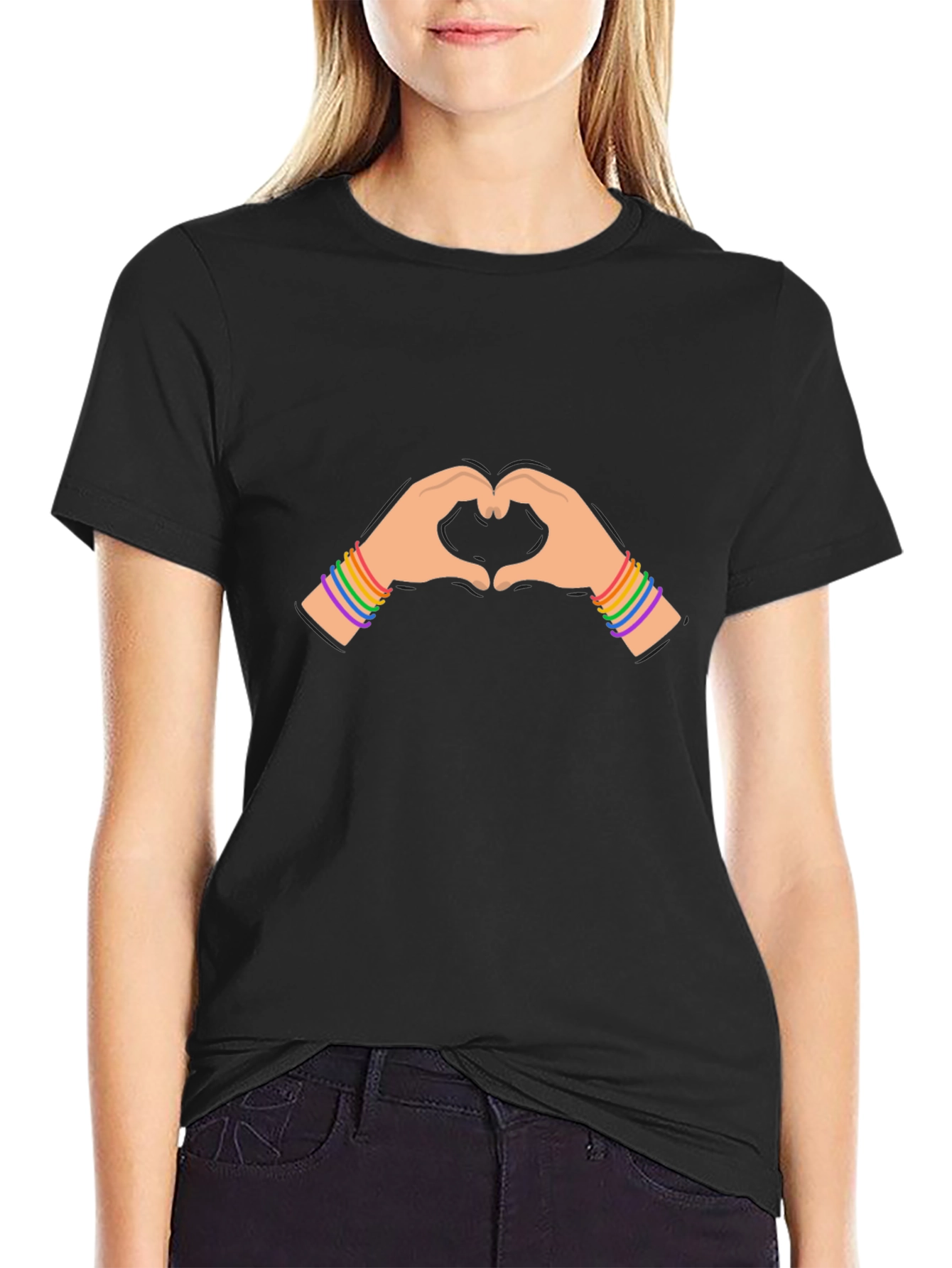 Pride Heart Hands Graphic Tee - Black Cotton Blend