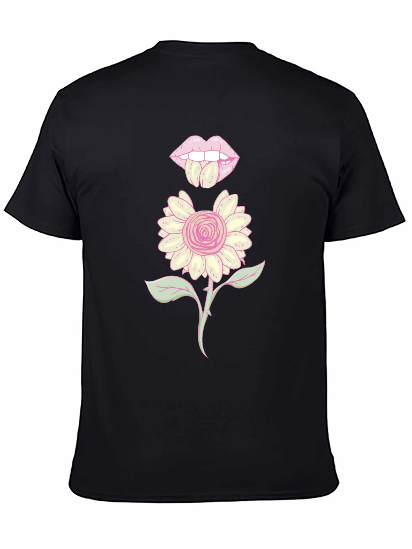 Black Graphic T-Shirt with Floral Lips Design