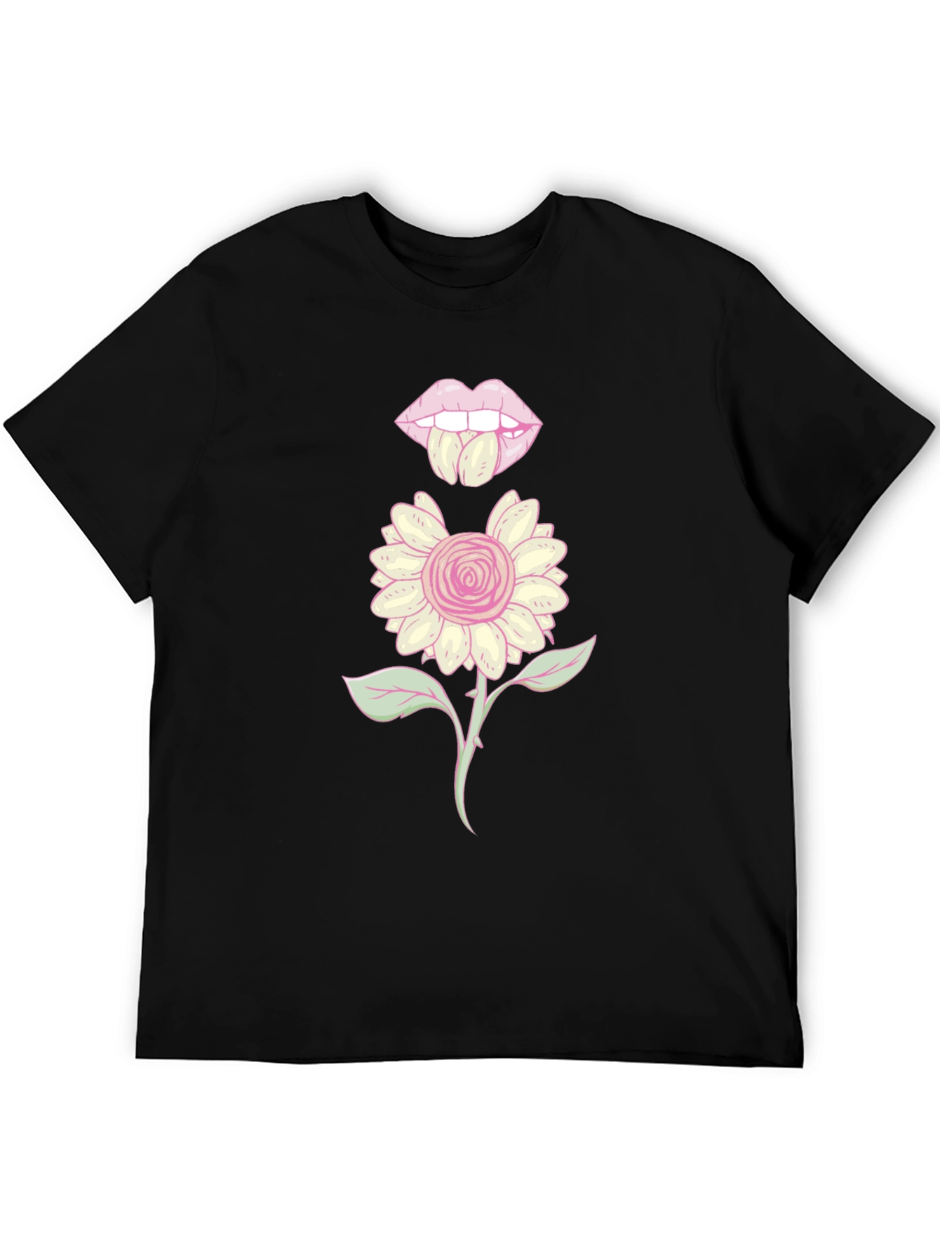 Black Graphic T-Shirt with Floral Lips Design