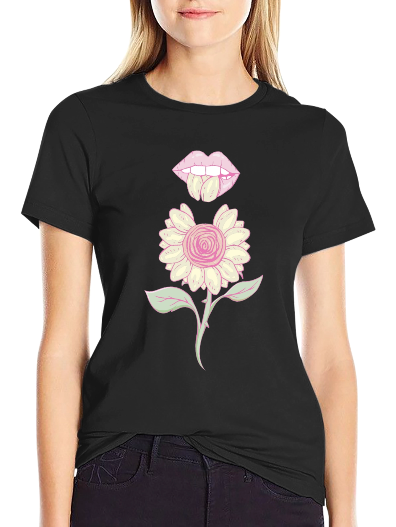 Black Graphic T-Shirt with Floral Lips Design