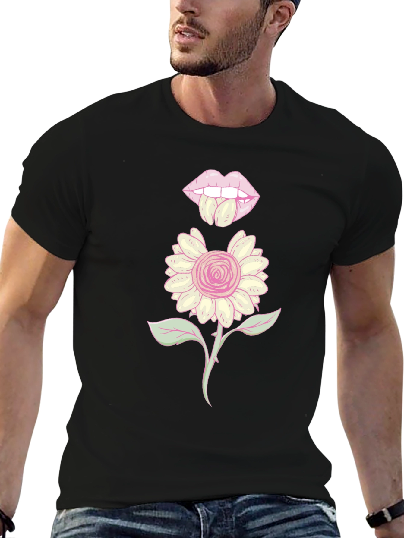 Black Graphic T-Shirt with Floral Lips Design