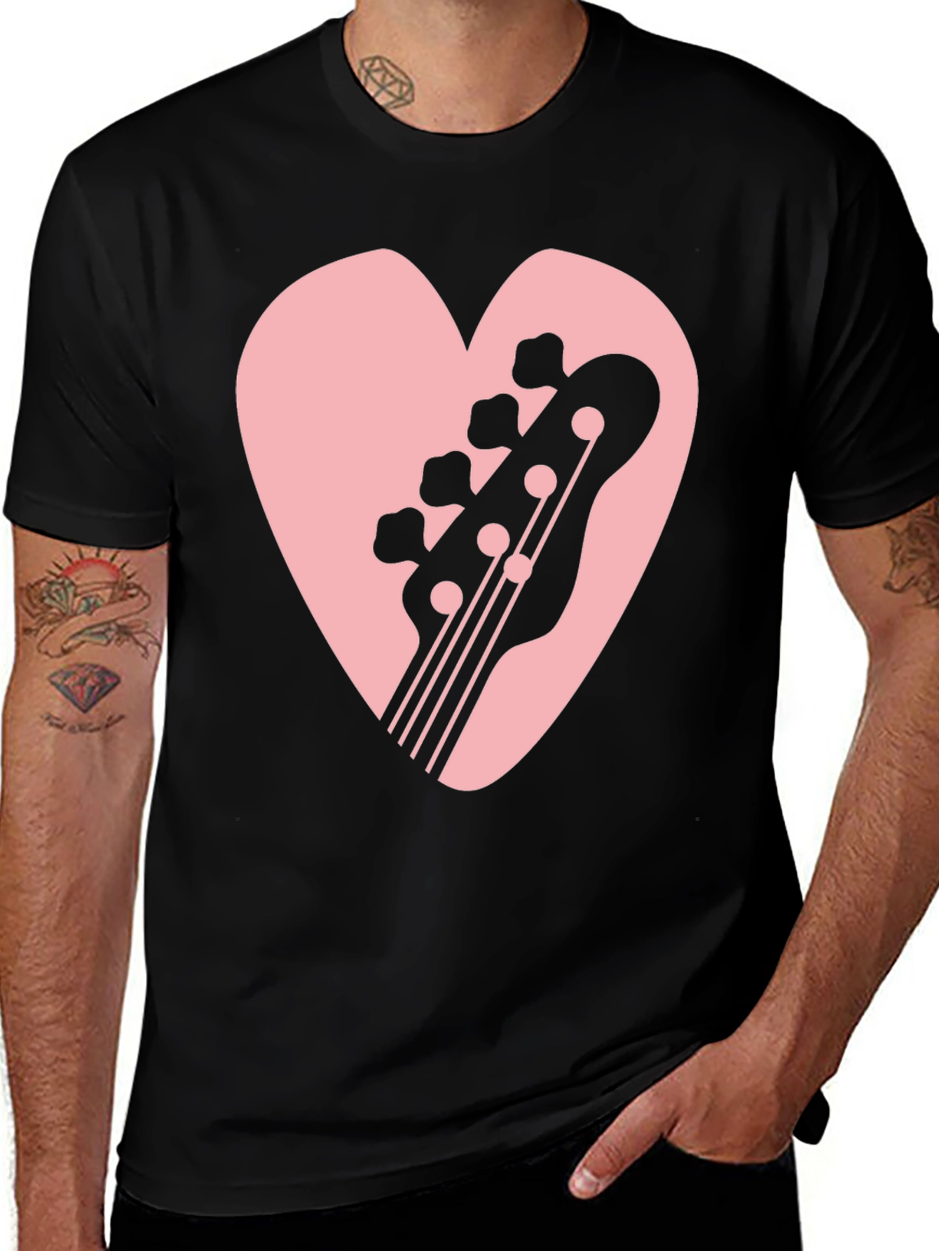 Bass Guitar Heart Graphic Black T-Shirt