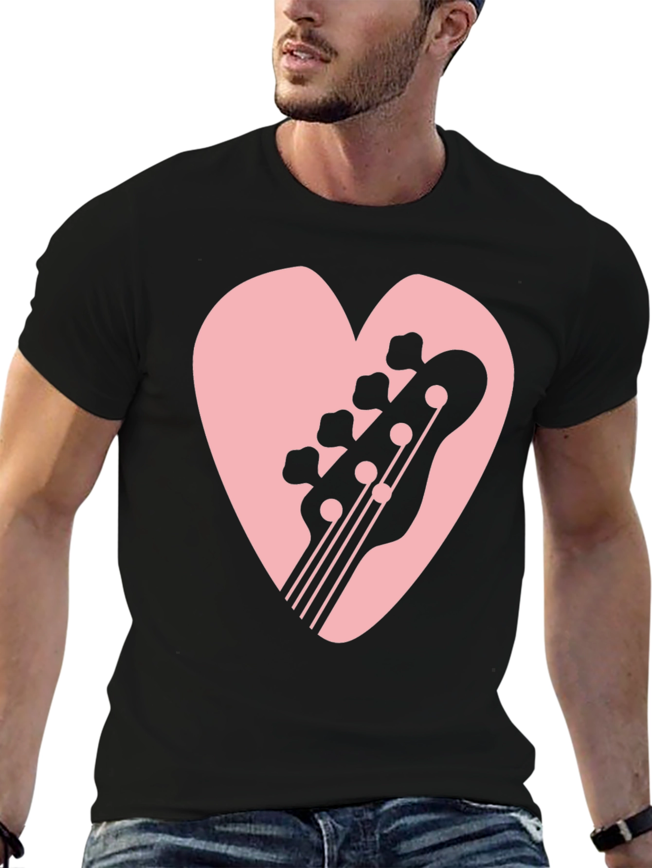 Bass Guitar Heart Graphic Black T-Shirt