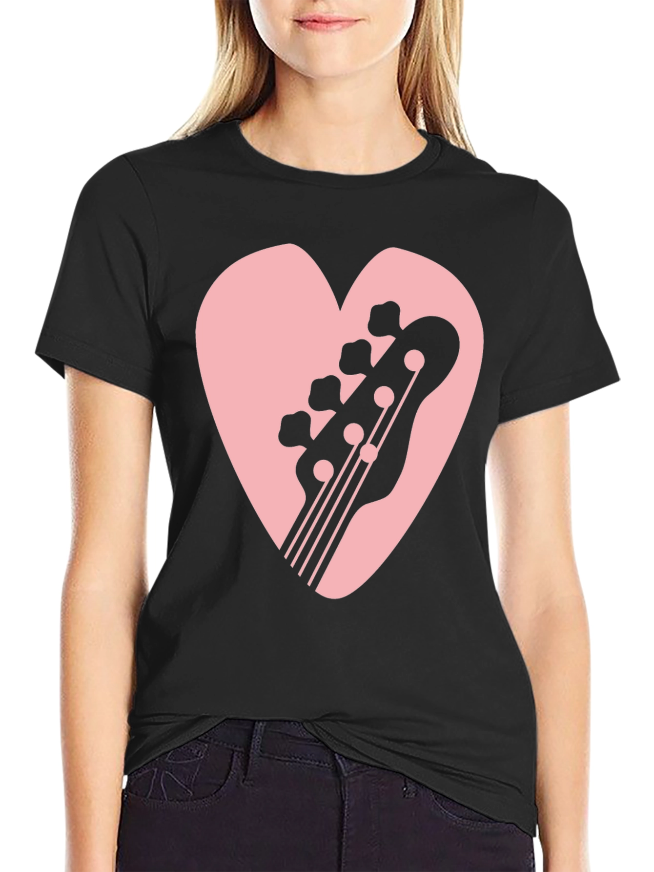 Bass Guitar Heart Graphic Black T-Shirt