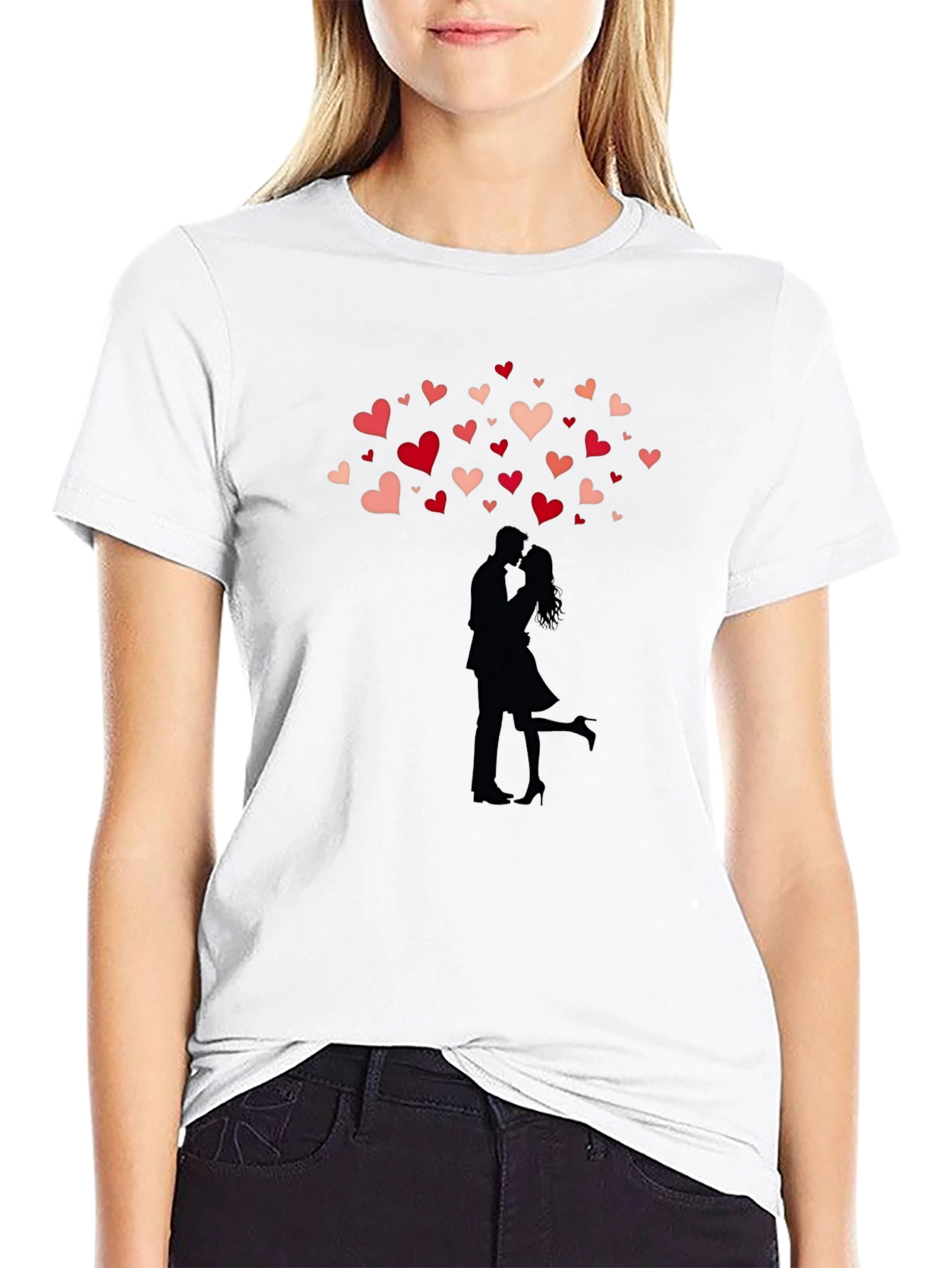 Romantic Couple Hearts Graphic Tee - Black