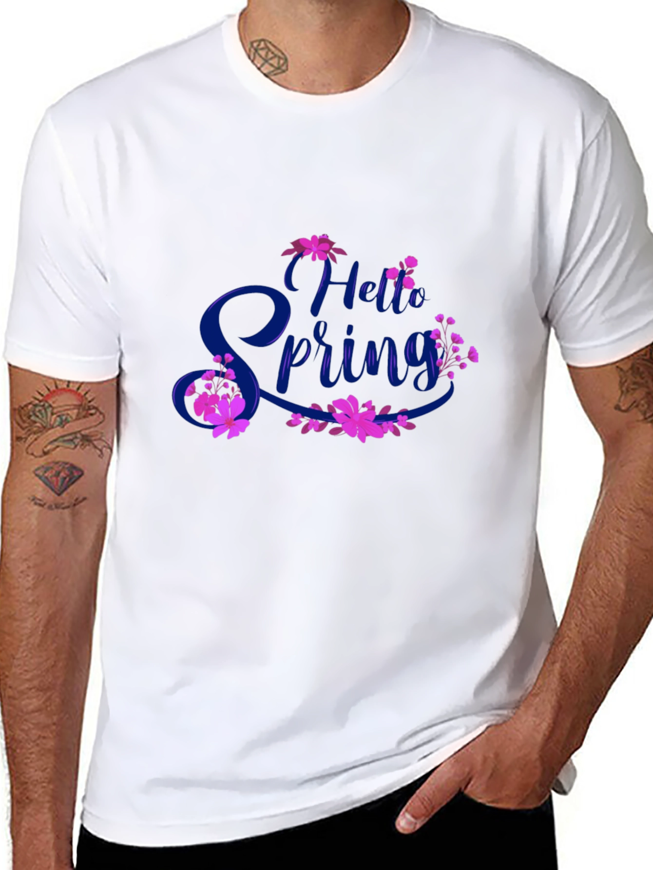 Hello Spring Black T-Shirt Floral Design