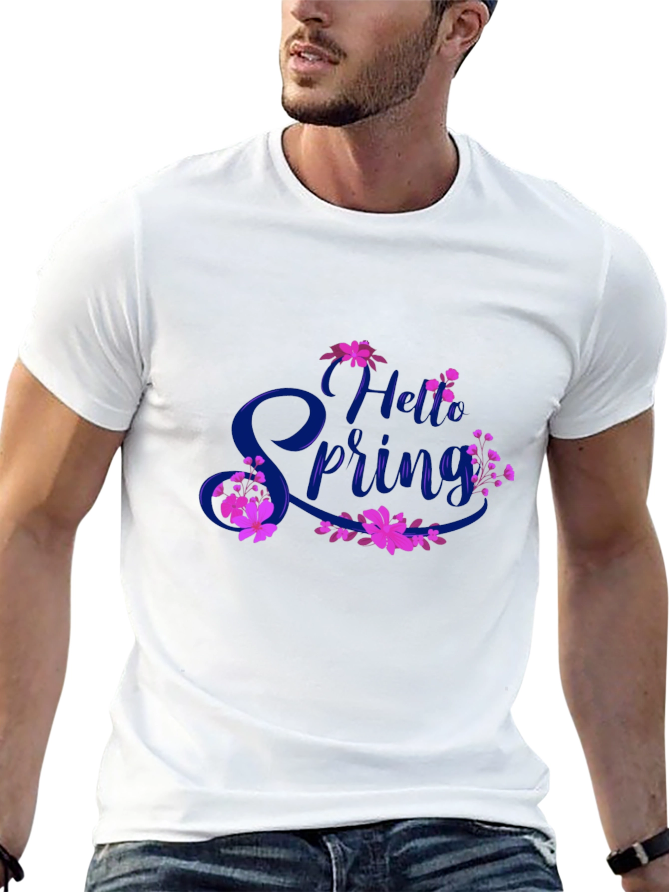 Hello Spring Black T-Shirt Floral Design