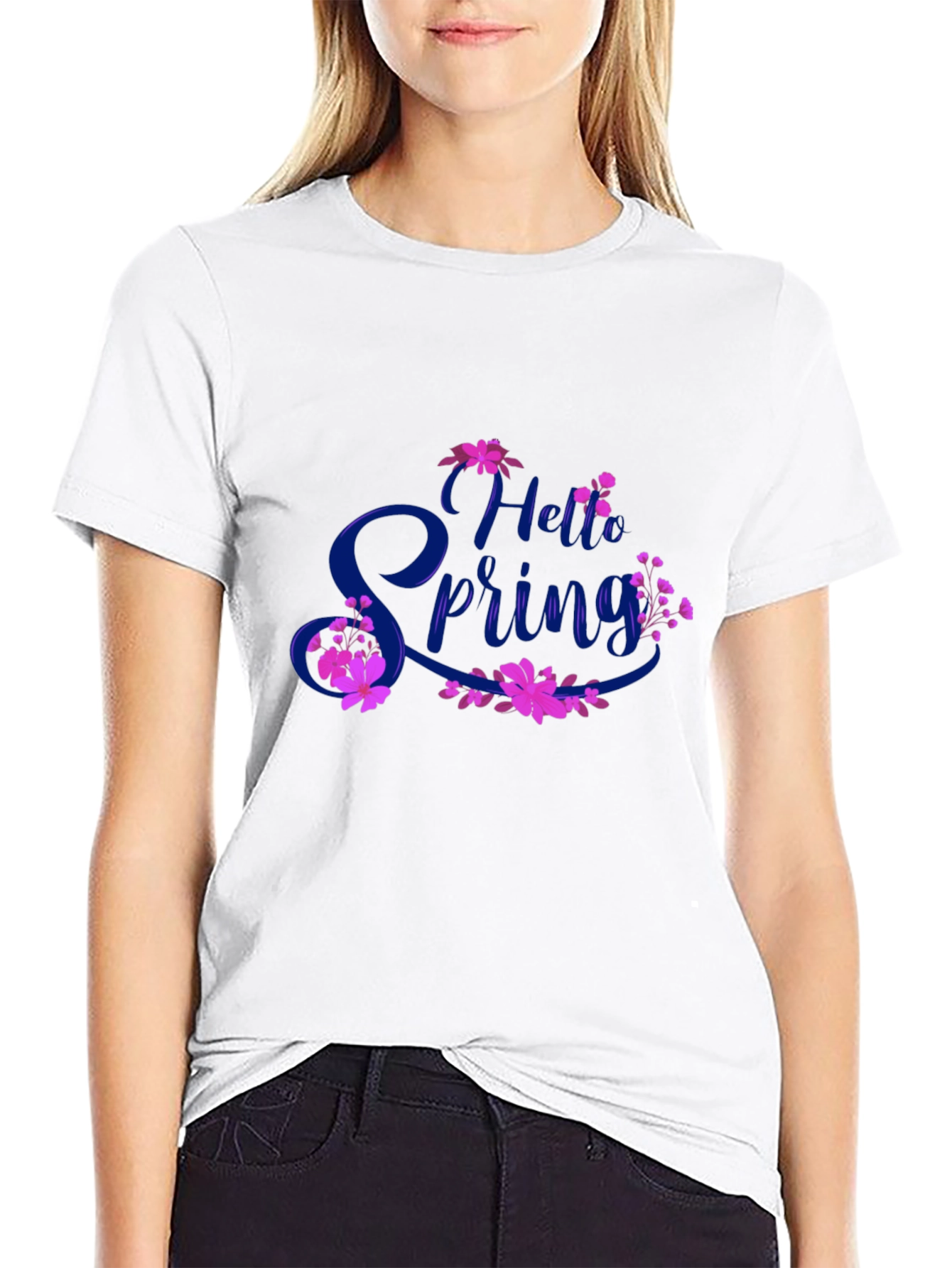 Hello Spring Black T-Shirt Floral Design