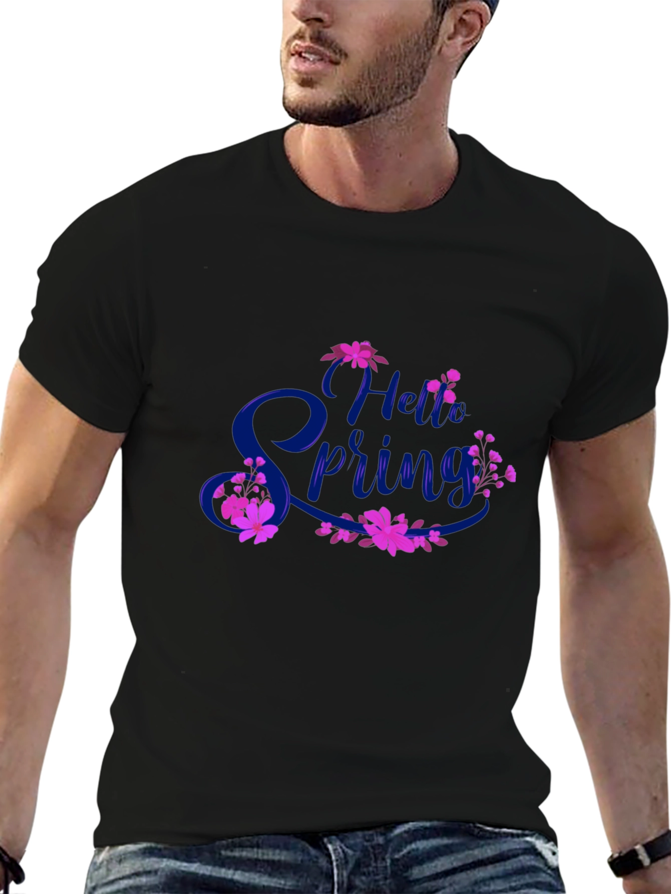 Hello Spring Black T-Shirt Floral Design