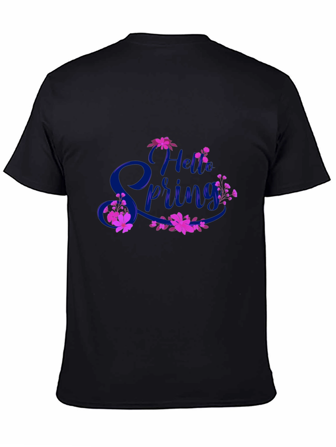 Hello Spring Black T-Shirt Floral Design