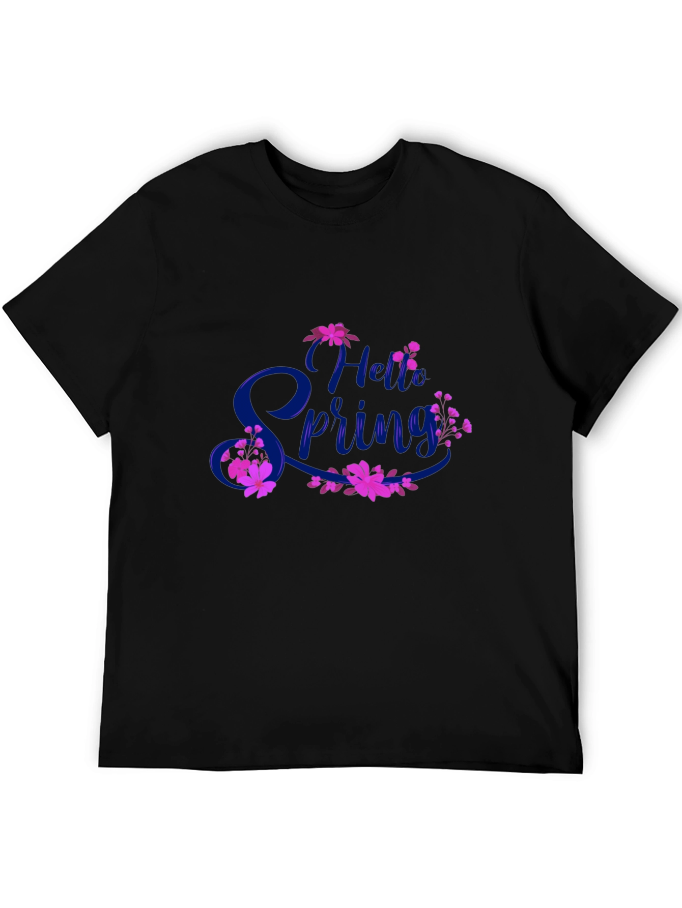 Hello Spring Black T-Shirt Floral Design