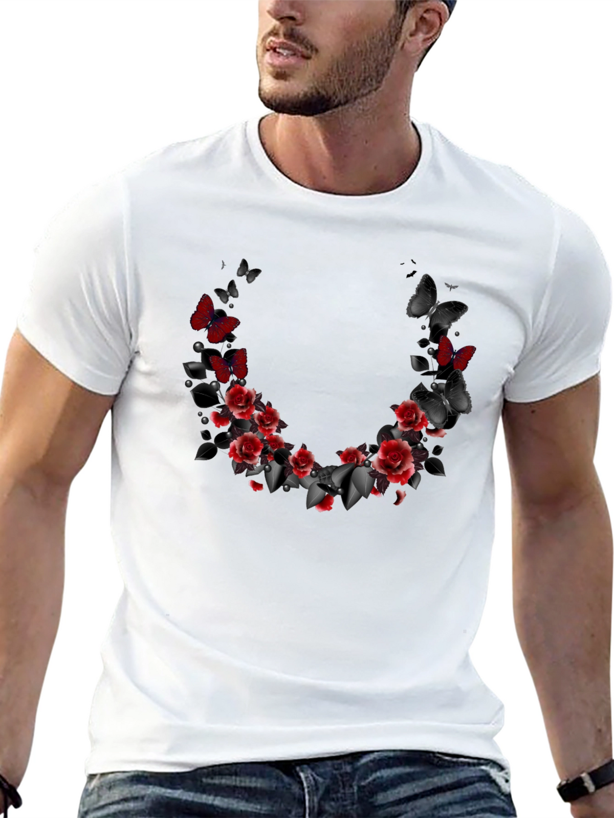 Floral Butterfly T-Shirt - Gothic Rose Design
