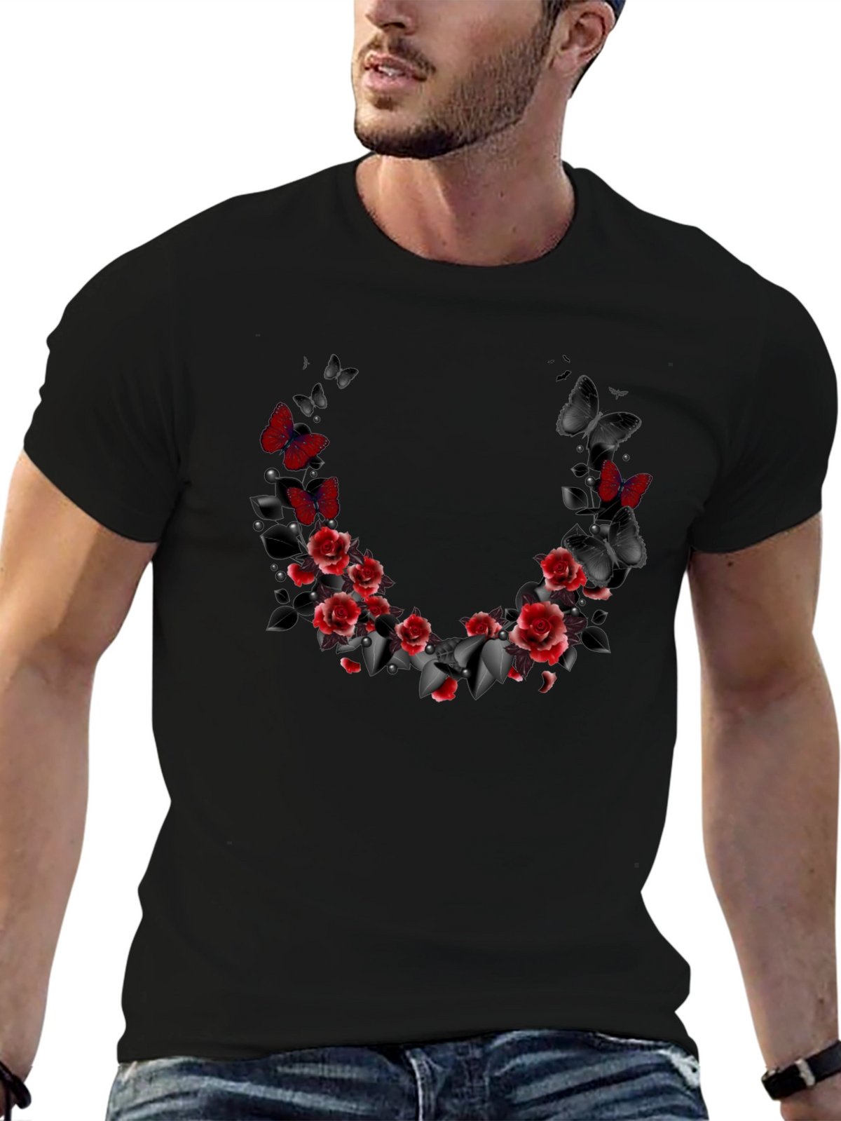 Floral Butterfly T-Shirt - Gothic Rose Design