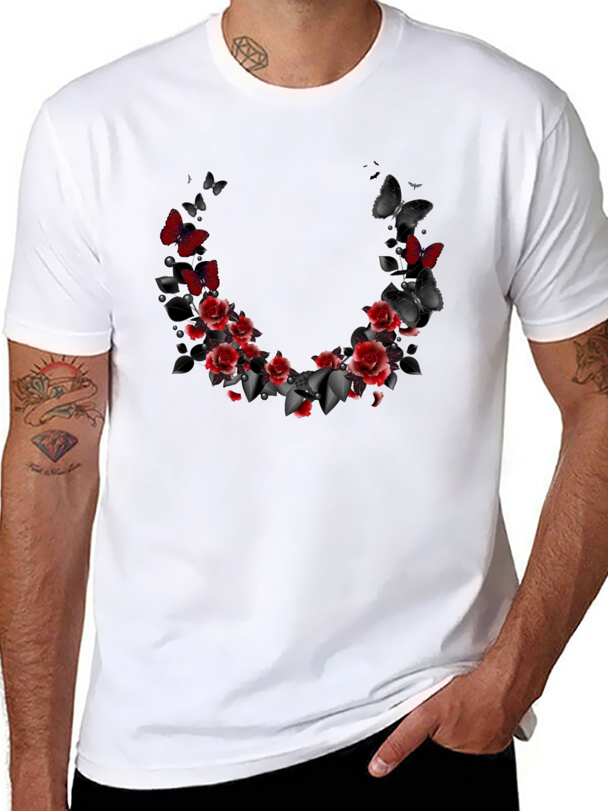 Floral Butterfly T-Shirt - Gothic Rose Design