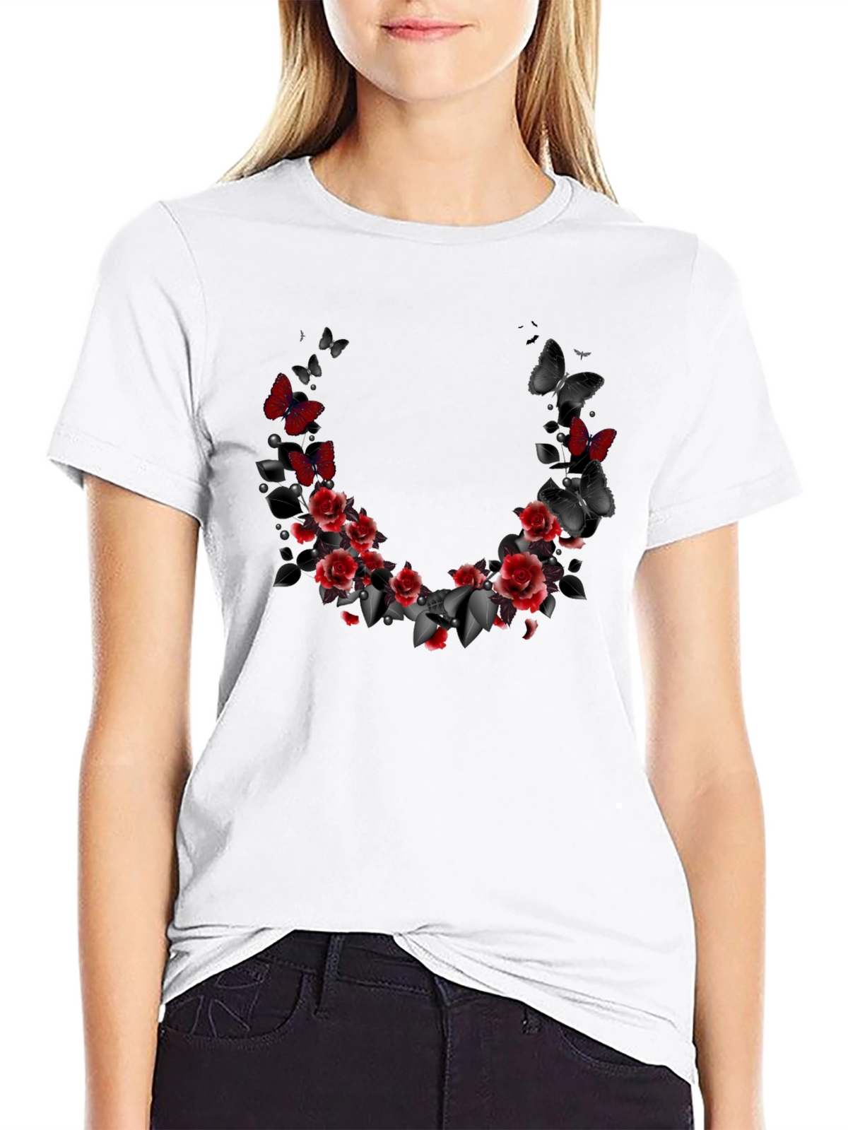 Floral Butterfly T-Shirt - Gothic Rose Design