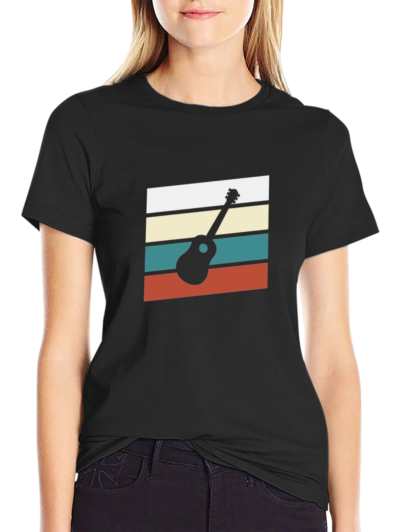 Retro Ukulele Graphic Tee - Black Cotton Blend