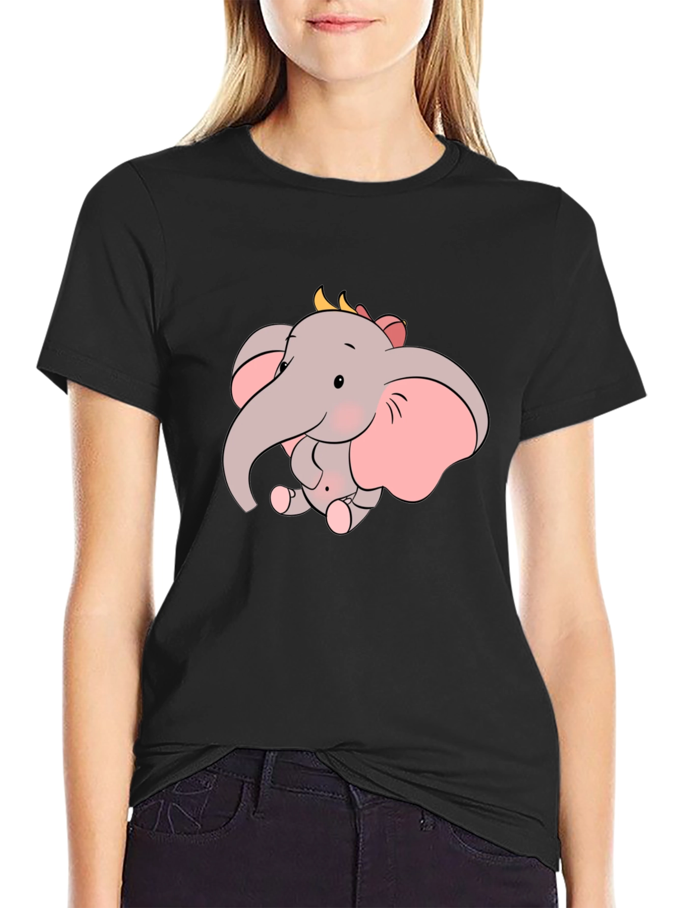 Cute Elephant Graphic Tee - Black Cotton Shirt