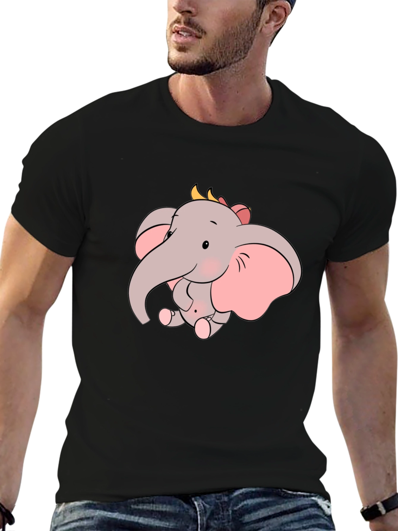 Cute Elephant Graphic Tee - Black Cotton Shirt