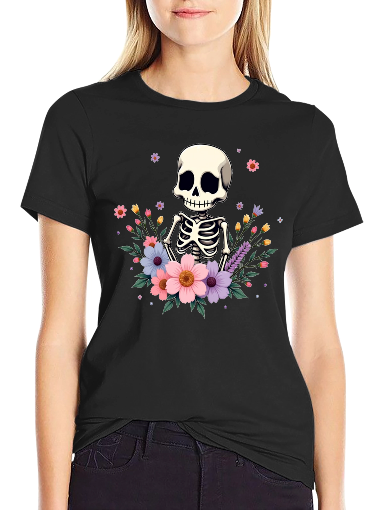 Floral Skeleton T-Shirt - Black Graphic Tee