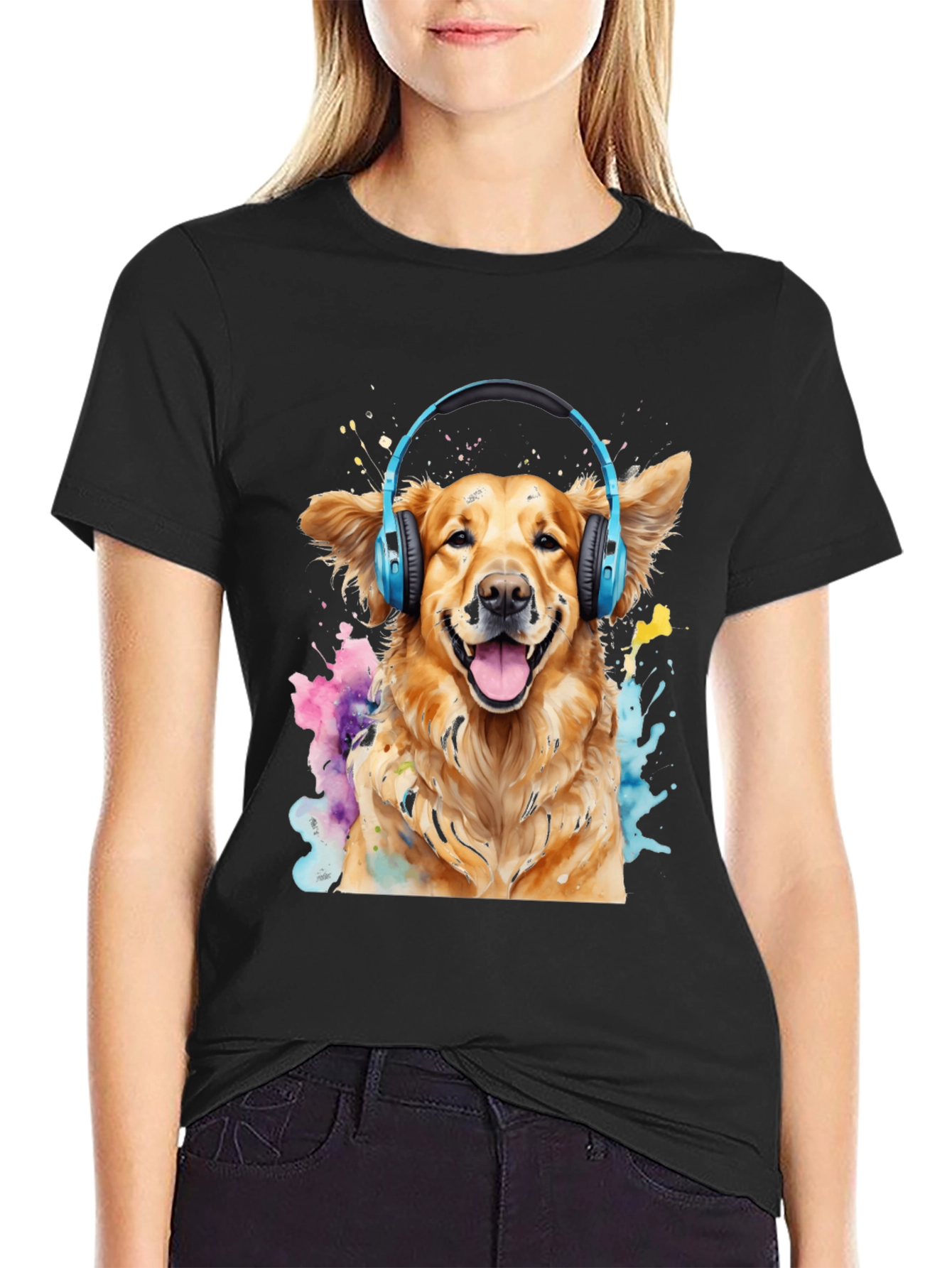 Dog with Headphones Black T-Shirt