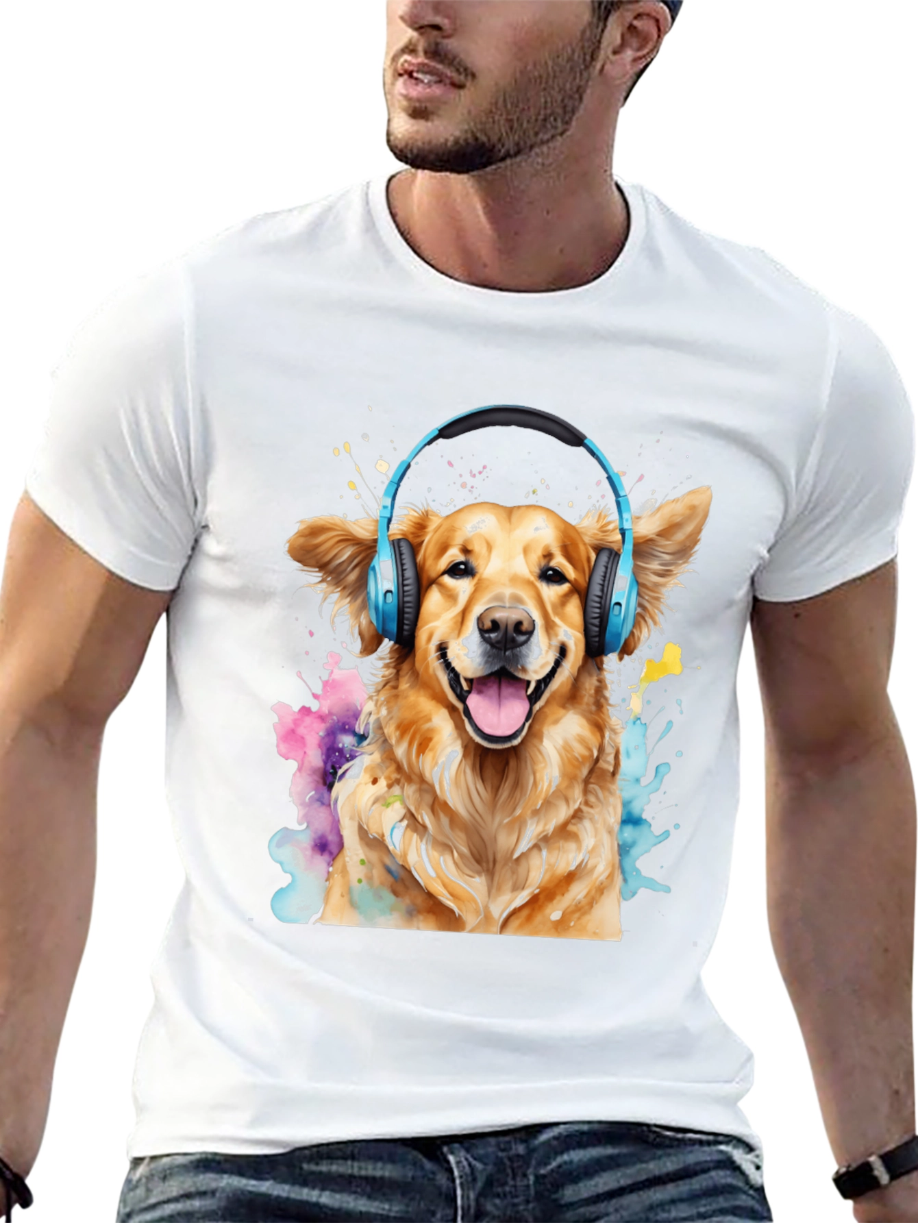 Dog with Headphones Black T-Shirt