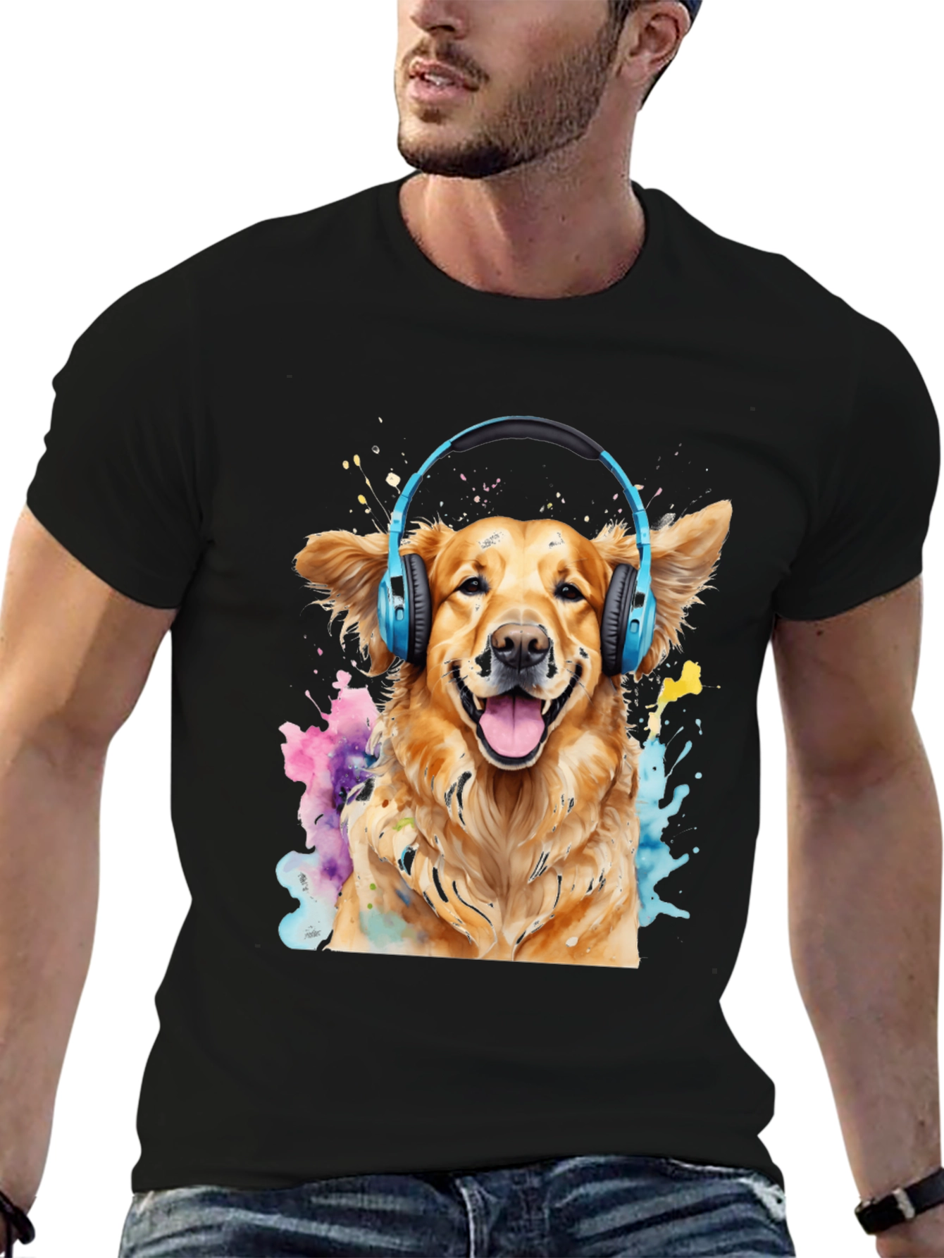 Dog with Headphones Black T-Shirt