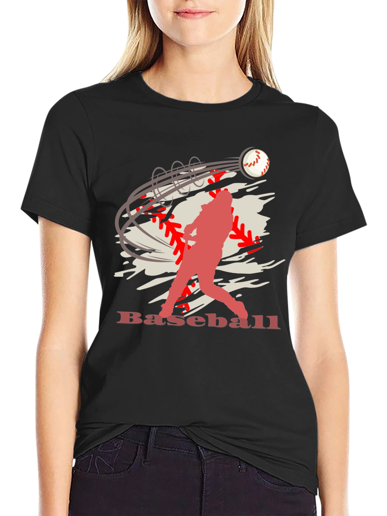 Baseball Player Graphic Print Black T-Shirt