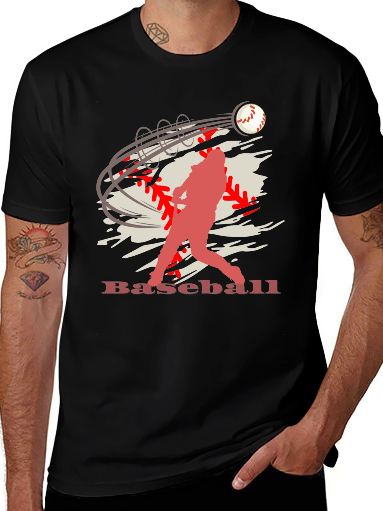 Baseball Player Graphic Print Black T-Shirt