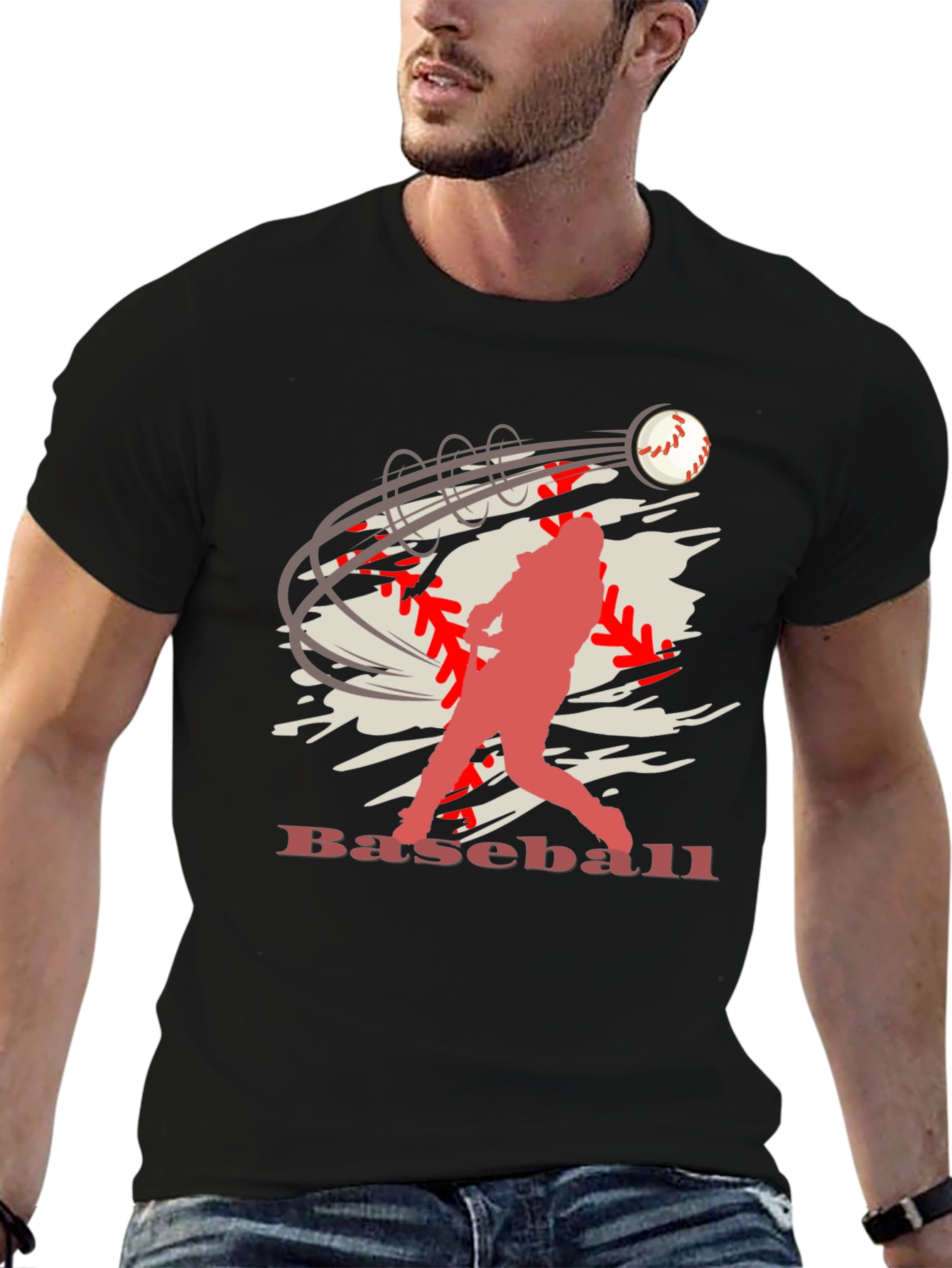 Baseball Player Graphic Print Black T-Shirt