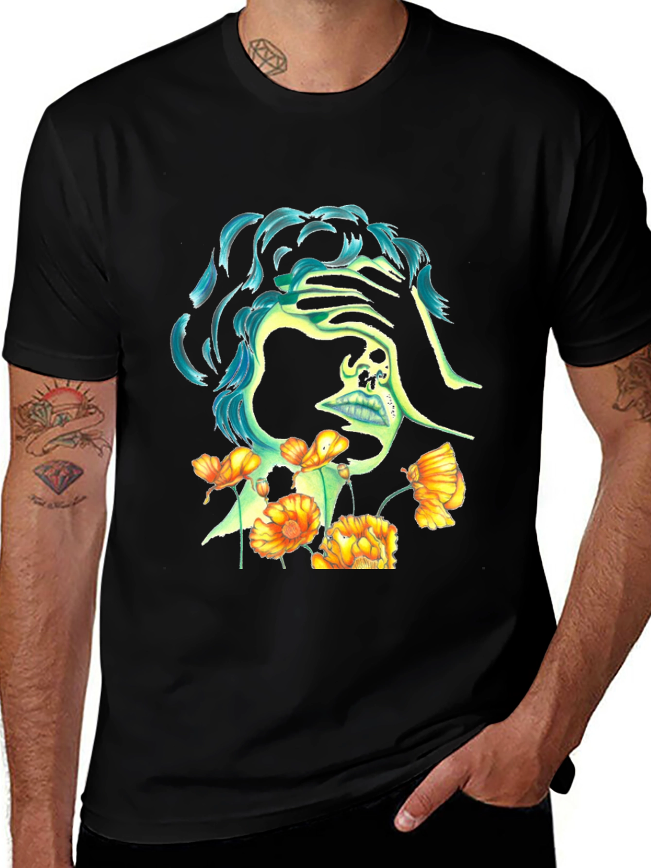 Skull & Flowers Graphic Black T-Shirt