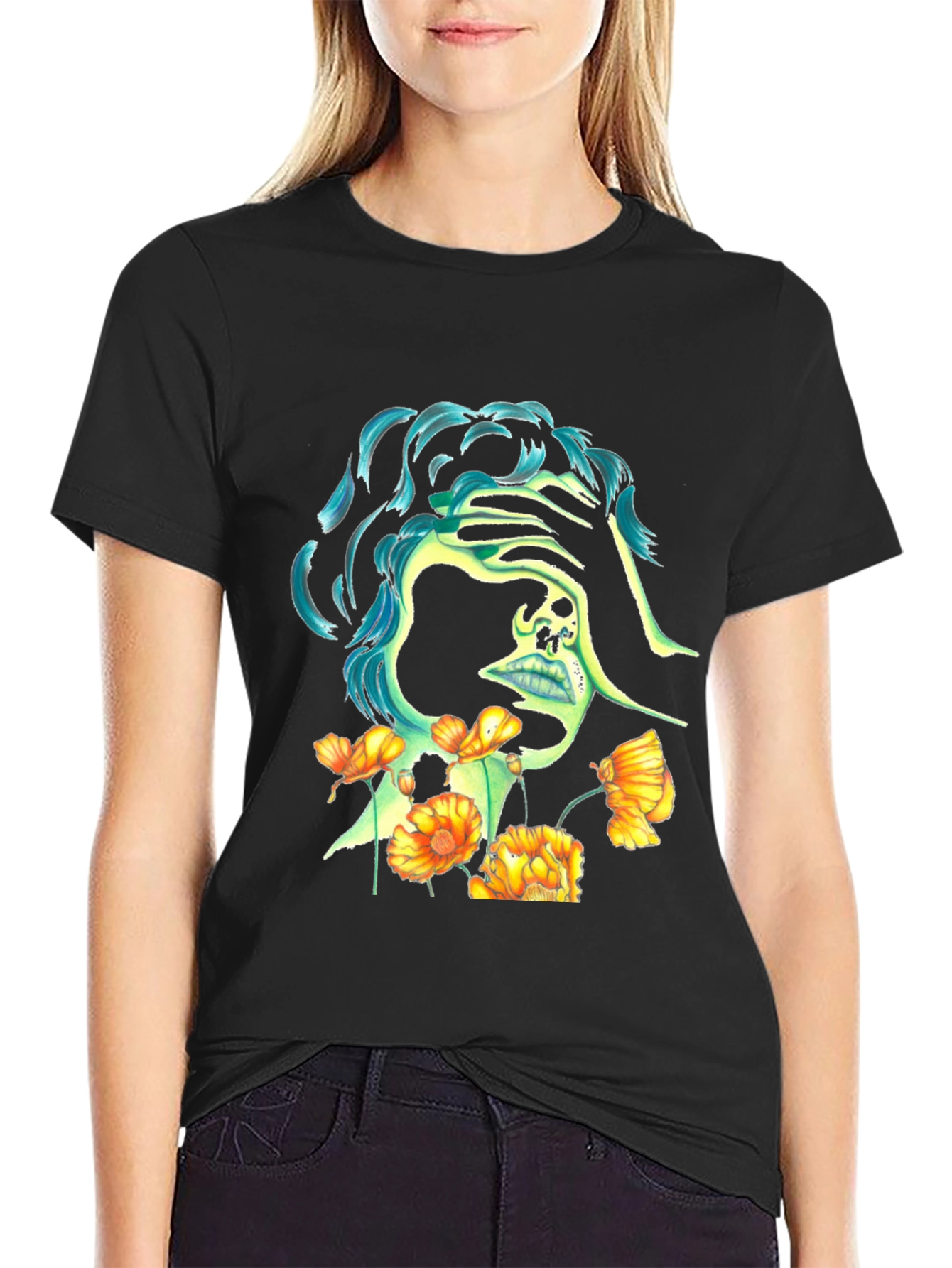 Skull & Flowers Graphic Black T-Shirt
