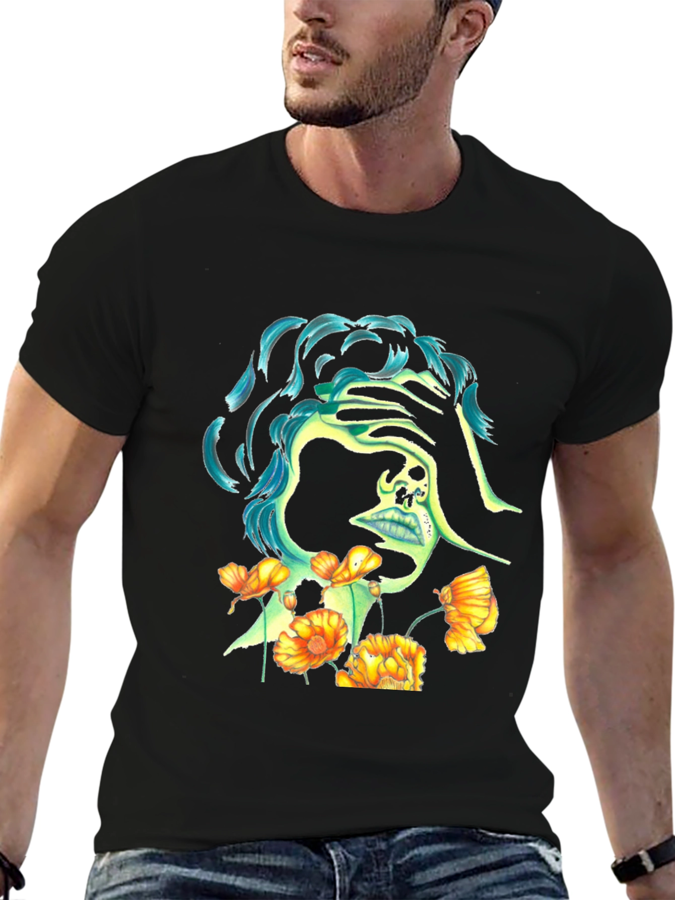 Skull & Flowers Graphic Black T-Shirt