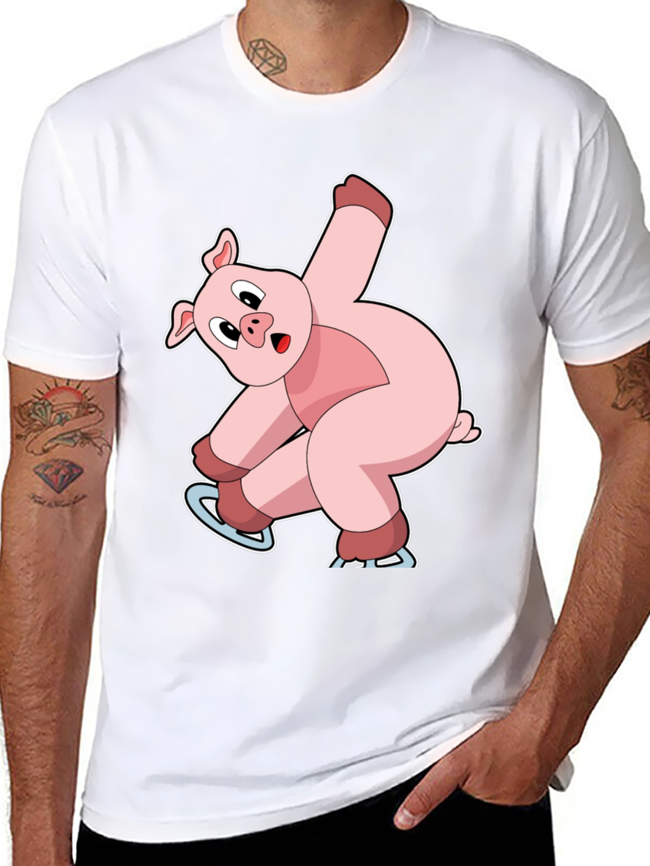 Skating Pig Graphic Tee - Black Cotton T-Shirt