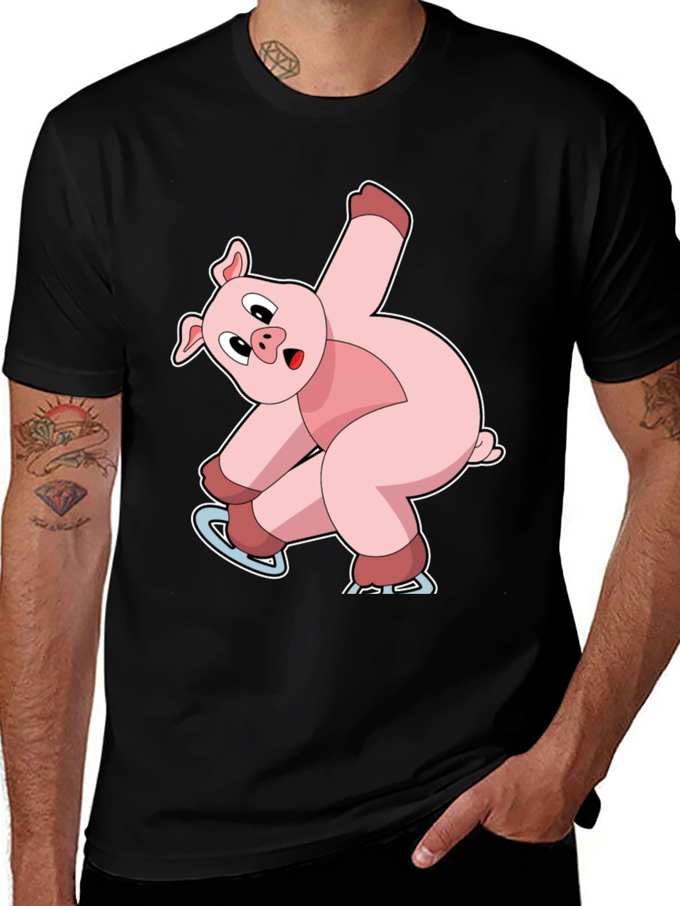 Skating Pig Graphic Tee - Black Cotton T-Shirt