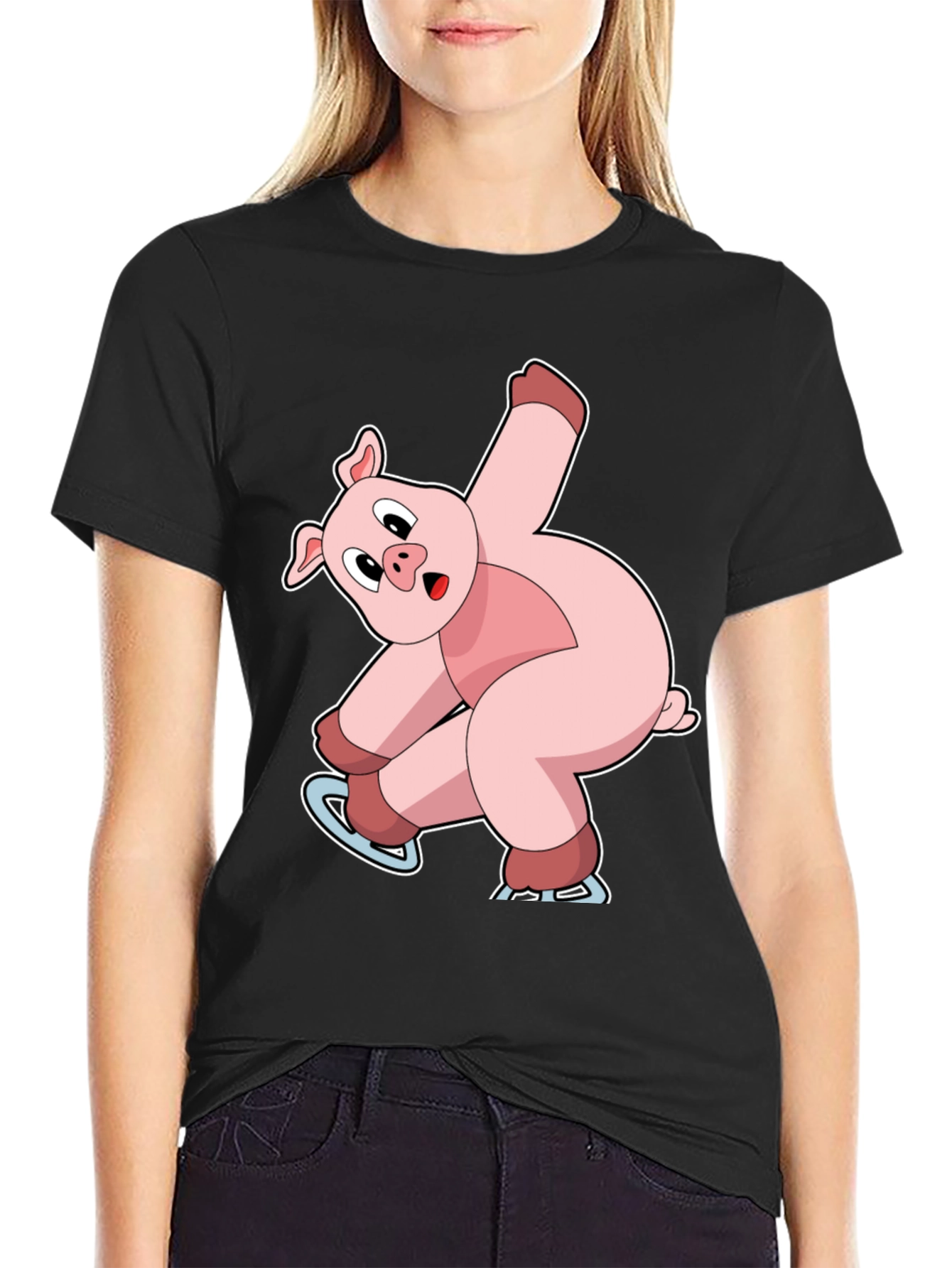 Skating Pig Graphic Tee - Black Cotton T-Shirt